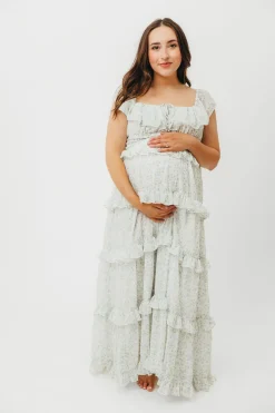 Clearance Worth Collective Astrid Ruffle Detail Maxi Dress in Sage Floral *FULLY LINED* - Bump Fr