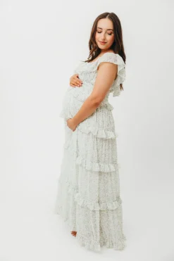 Clearance Worth Collective Astrid Ruffle Detail Maxi Dress in Sage Floral *FULLY LINED* - Bump Fr