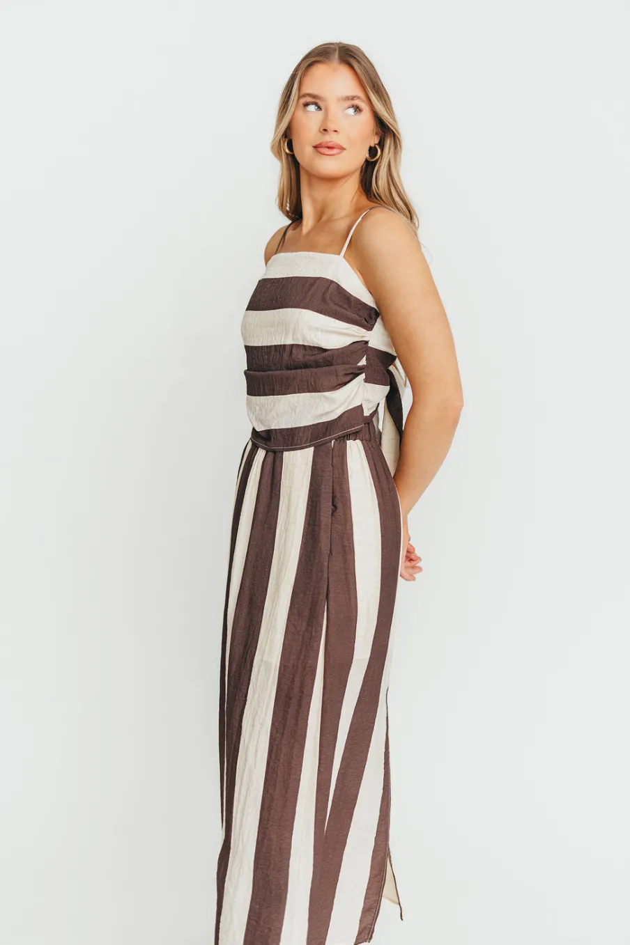Fashion Worth Collective Autumn Tie Back Top and Skirt Set in Brown Stripe