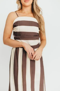 Fashion Worth Collective Autumn Tie Back Top and Skirt Set in Brown Stripe