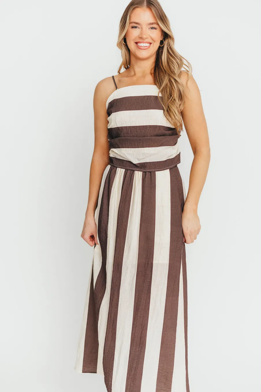 Fashion Worth Collective Autumn Tie Back Top and Skirt Set in Brown Stripe
