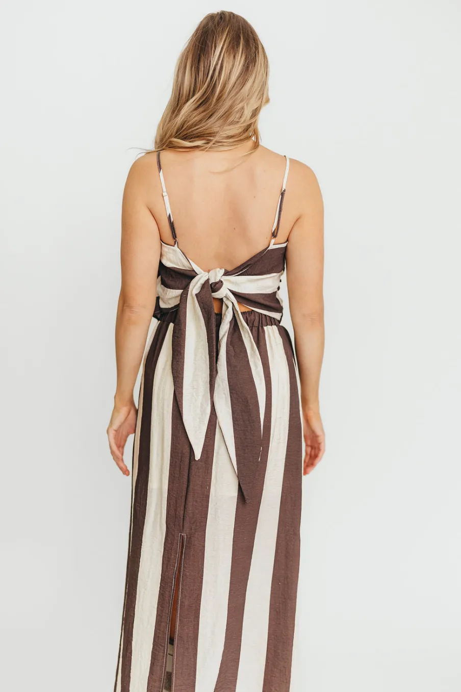 Fashion Worth Collective Autumn Tie Back Top and Skirt Set in Brown Stripe