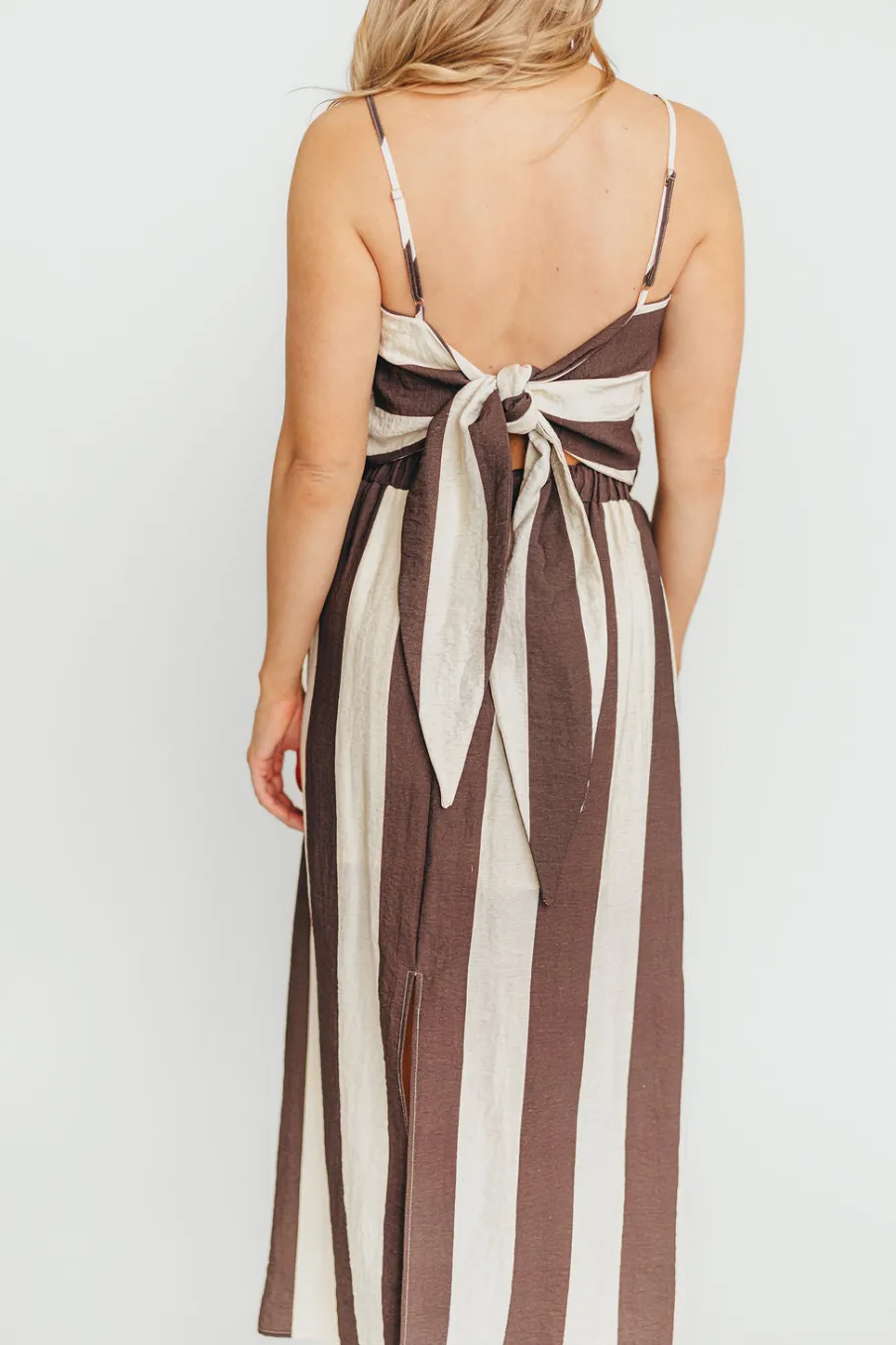 Fashion Worth Collective Autumn Tie Back Top and Skirt Set in Brown Stripe