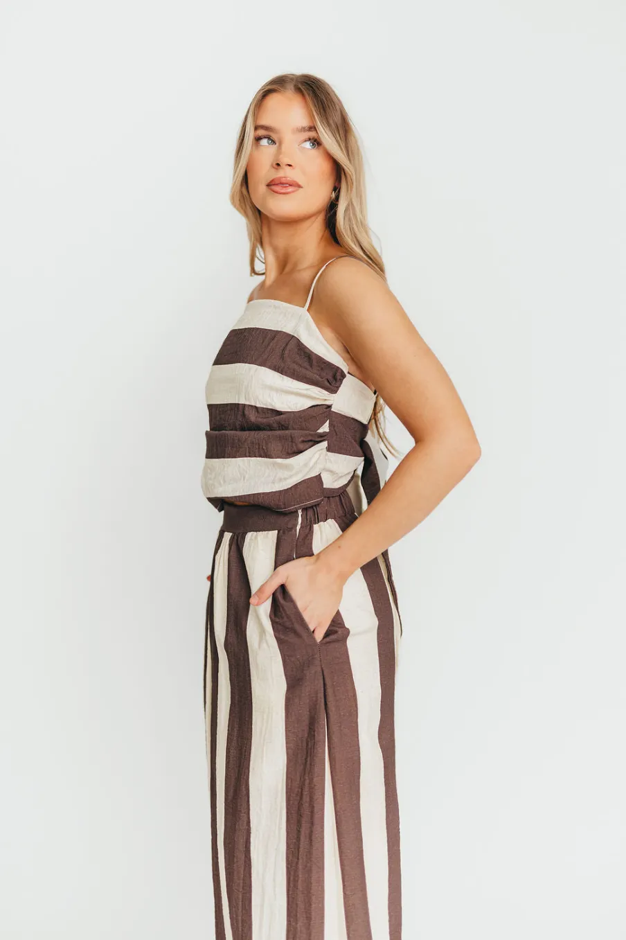 Fashion Worth Collective Autumn Tie Back Top and Skirt Set in Brown Stripe