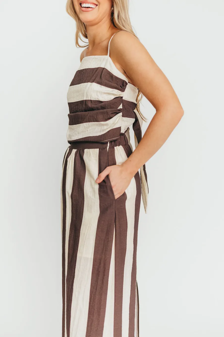 Fashion Worth Collective Autumn Tie Back Top and Skirt Set in Brown Stripe