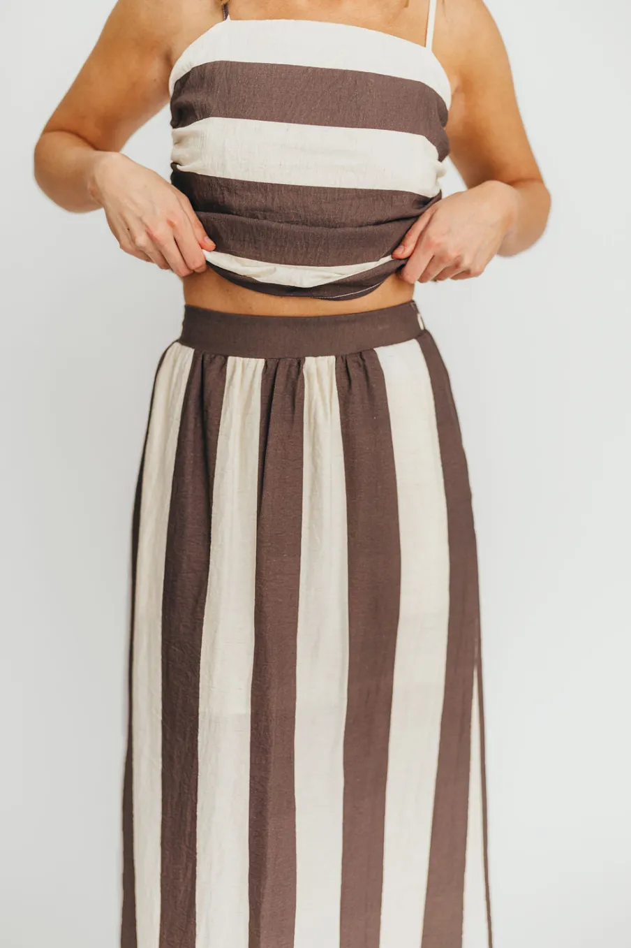 Fashion Worth Collective Autumn Tie Back Top and Skirt Set in Brown Stripe