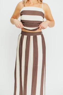 Fashion Worth Collective Autumn Tie Back Top and Skirt Set in Brown Stripe