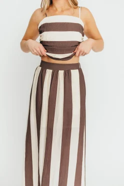 Fashion Worth Collective Autumn Tie Back Top and Skirt Set in Brown Stripe