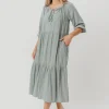 Hot Worth Collective Avery Tiered Linen-Blend Midi Dress in Sage - Bump Friendly and Inclus