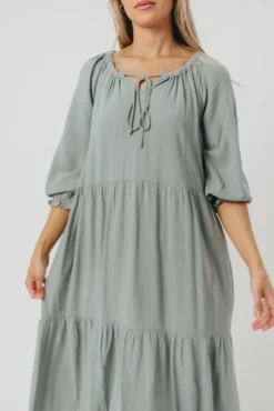 Hot Worth Collective Avery Tiered Linen-Blend Midi Dress in Sage - Bump Friendly and Inclus