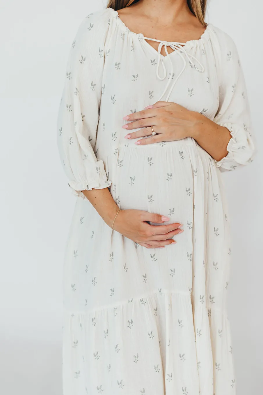Clearance Worth Collective Avery Tiered Linen-Blend Midi Dress in Soy/Sage Foliage - Bump Friendl