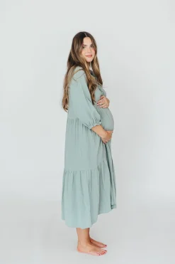 Hot Worth Collective Avery Tiered Linen-Blend Midi Dress in Sage - Bump Friendly and Inclus