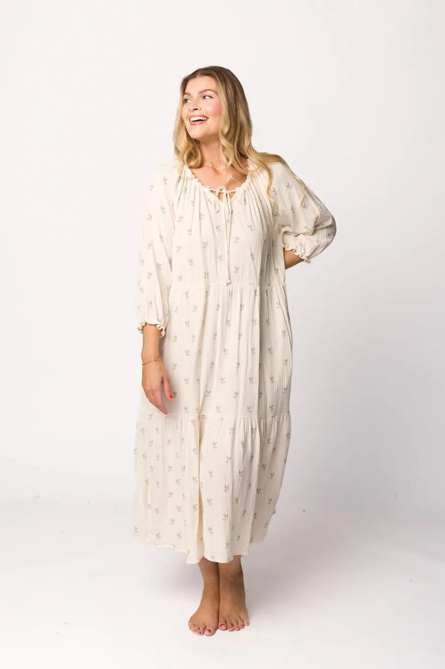 Clearance Worth Collective Avery Tiered Linen-Blend Midi Dress in Soy/Sage Foliage - Bump Friendl