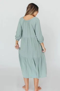 Hot Worth Collective Avery Tiered Linen-Blend Midi Dress in Sage - Bump Friendly and Inclus