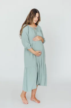 Hot Worth Collective Avery Tiered Linen-Blend Midi Dress in Sage - Bump Friendly and Inclus