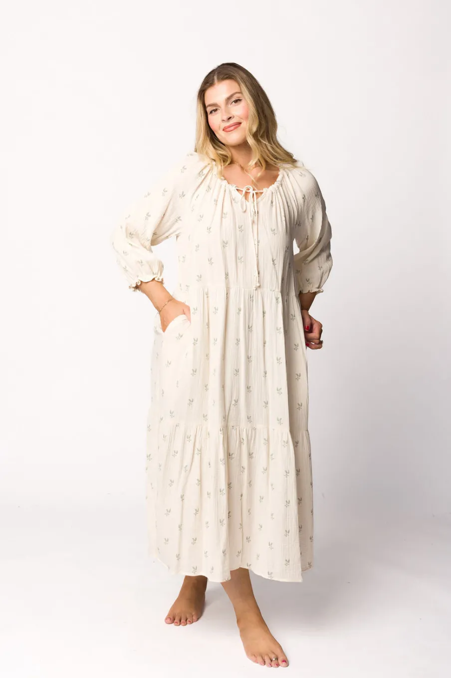 Clearance Worth Collective Avery Tiered Linen-Blend Midi Dress in Soy/Sage Foliage - Bump Friendl