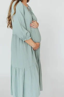 Hot Worth Collective Avery Tiered Linen-Blend Midi Dress in Sage - Bump Friendly and Inclus