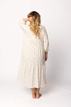 Clearance Worth Collective Avery Tiered Linen-Blend Midi Dress in Soy/Sage Foliage - Bump Friendl