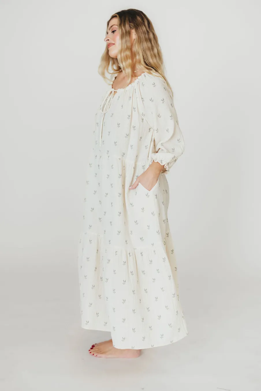 Clearance Worth Collective Avery Tiered Linen-Blend Midi Dress in Soy/Sage Foliage - Bump Friendl