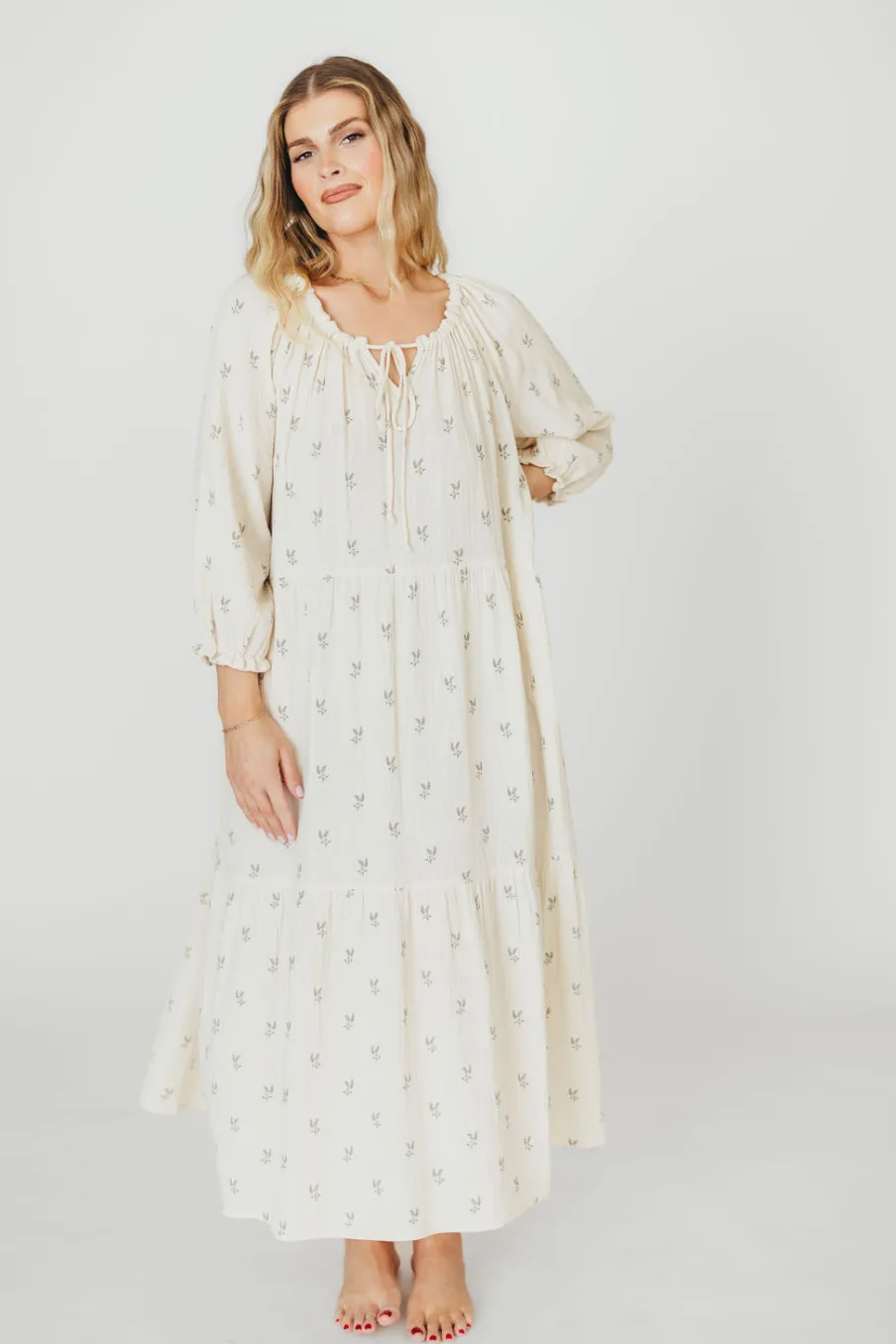 Clearance Worth Collective Avery Tiered Linen-Blend Midi Dress in Soy/Sage Foliage - Bump Friendl