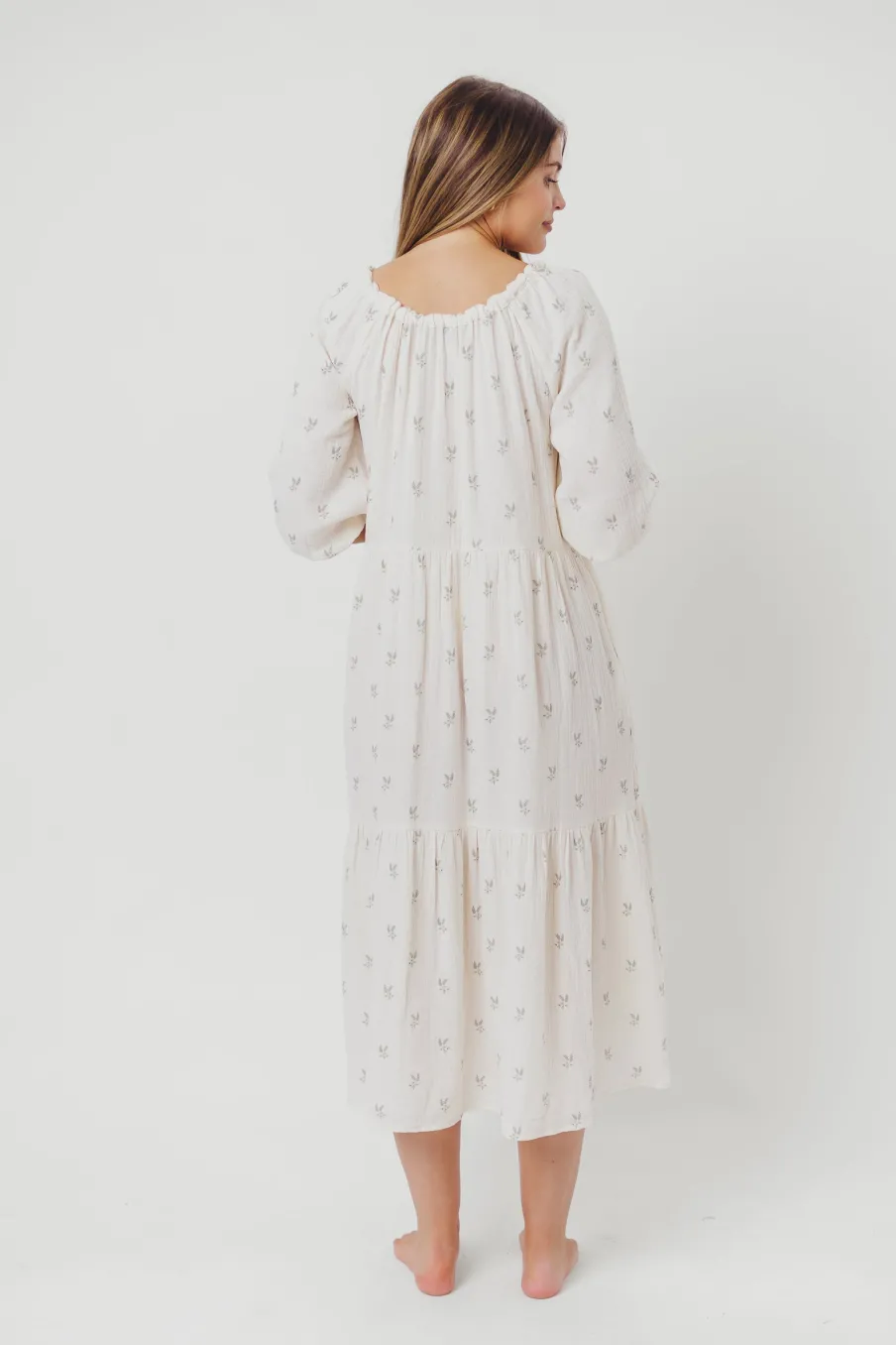 Clearance Worth Collective Avery Tiered Linen-Blend Midi Dress in Soy/Sage Foliage - Bump Friendl