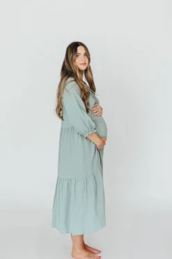 Hot Worth Collective Avery Tiered Linen-Blend Midi Dress in Sage - Bump Friendly and Inclus