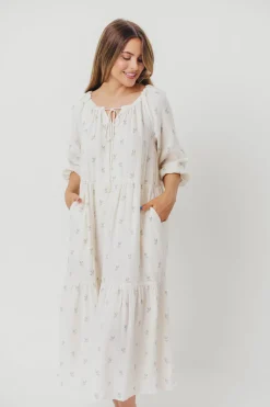 Clearance Worth Collective Avery Tiered Linen-Blend Midi Dress in Soy/Sage Foliage - Bump Friendl