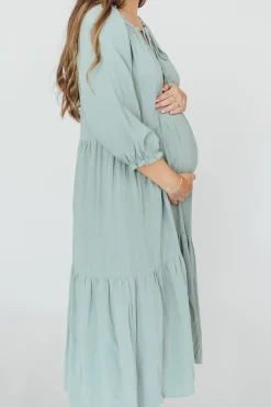 Hot Worth Collective Avery Tiered Linen-Blend Midi Dress in Sage - Bump Friendly and Inclus