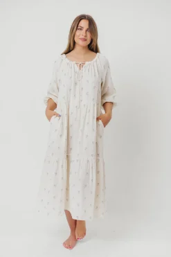 Clearance Worth Collective Avery Tiered Linen-Blend Midi Dress in Soy/Sage Foliage - Bump Friendl