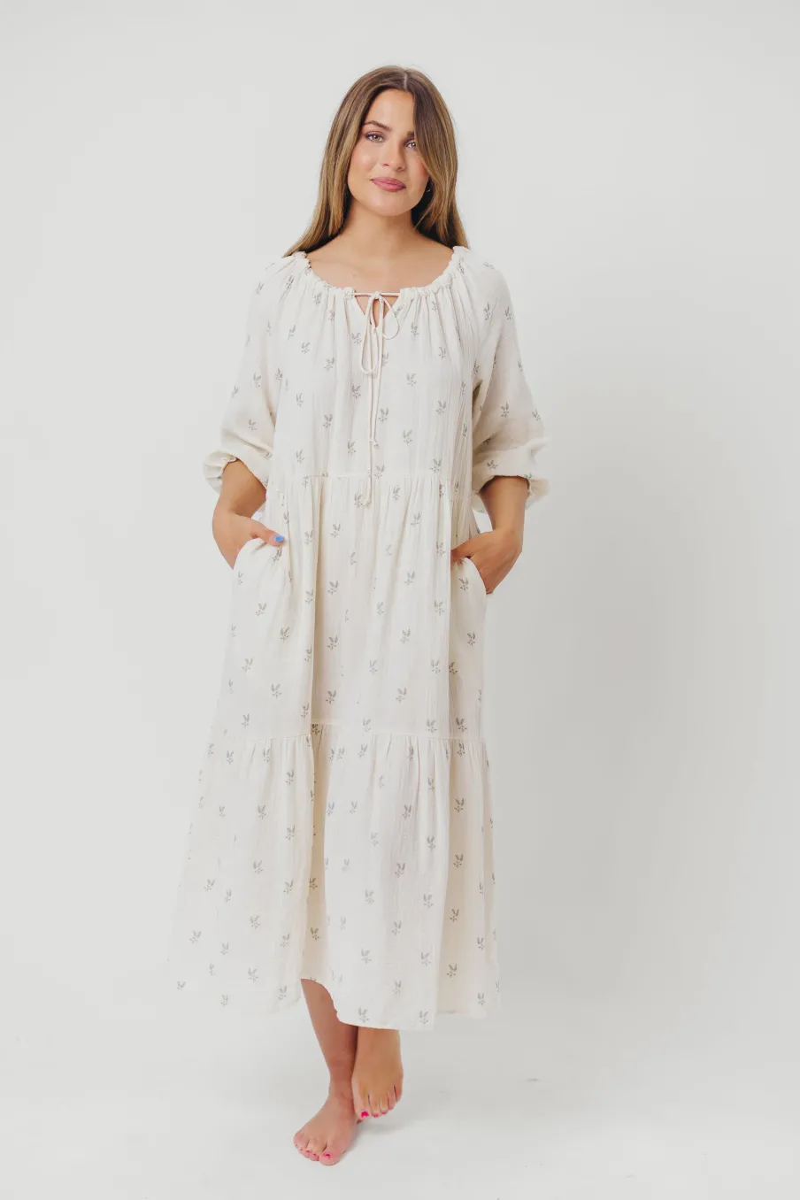 Clearance Worth Collective Avery Tiered Linen-Blend Midi Dress in Soy/Sage Foliage - Bump Friendl