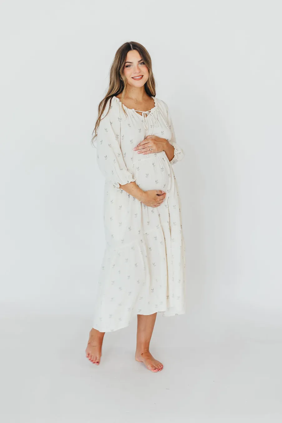 Clearance Worth Collective Avery Tiered Linen-Blend Midi Dress in Soy/Sage Foliage - Bump Friendl