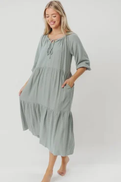 Hot Worth Collective Avery Tiered Linen-Blend Midi Dress in Sage - Bump Friendly and Inclus