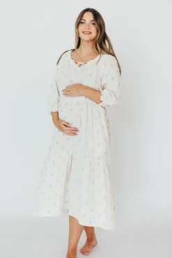 Clearance Worth Collective Avery Tiered Linen-Blend Midi Dress in Soy/Sage Foliage - Bump Friendl