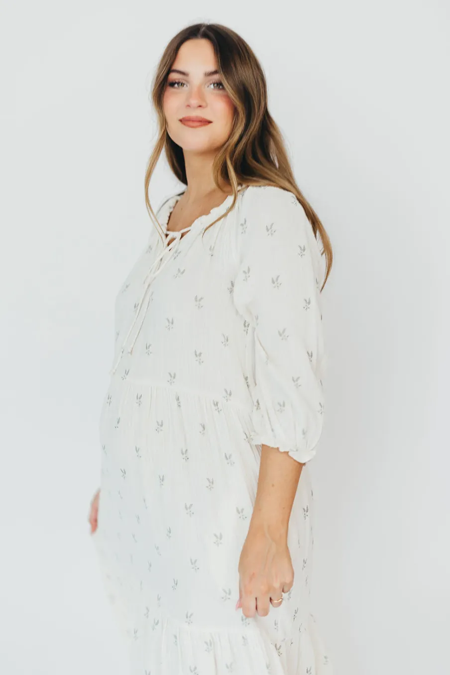 Clearance Worth Collective Avery Tiered Linen-Blend Midi Dress in Soy/Sage Foliage - Bump Friendl