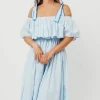 Outlet Worth Collective Aviva 100% Cotton Pleated Off-Shoulder Midi Dress in Light Blue