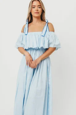 Outlet Worth Collective Aviva 100% Cotton Pleated Off-Shoulder Midi Dress in Light Blue