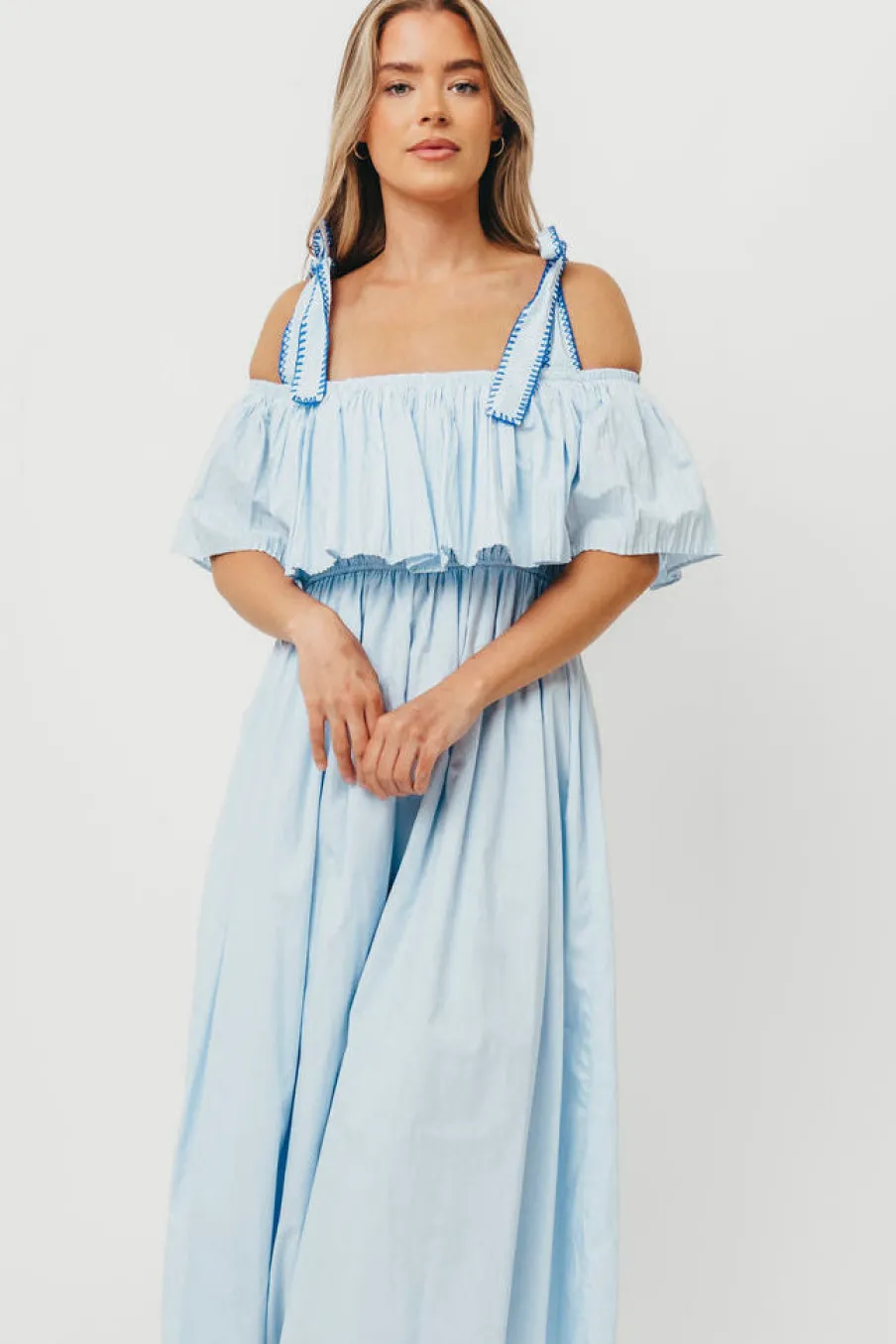 Outlet Worth Collective Aviva 100% Cotton Pleated Off-Shoulder Midi Dress in Light Blue