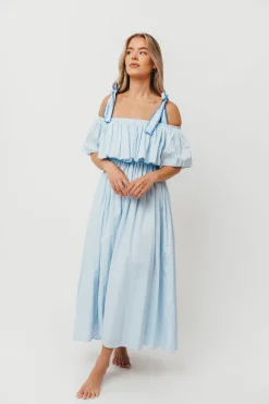 Outlet Worth Collective Aviva 100% Cotton Pleated Off-Shoulder Midi Dress in Light Blue