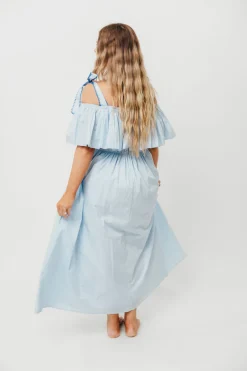 Outlet Worth Collective Aviva 100% Cotton Pleated Off-Shoulder Midi Dress in Light Blue