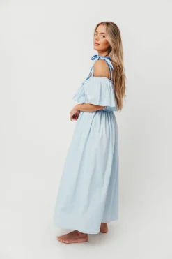 Outlet Worth Collective Aviva 100% Cotton Pleated Off-Shoulder Midi Dress in Light Blue