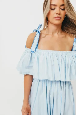Outlet Worth Collective Aviva 100% Cotton Pleated Off-Shoulder Midi Dress in Light Blue