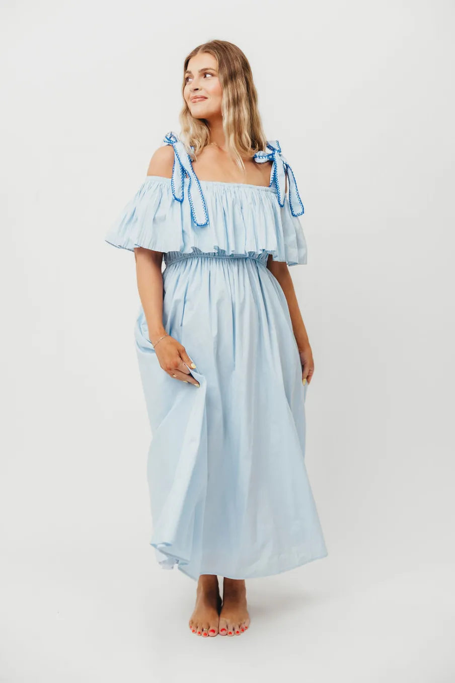 Outlet Worth Collective Aviva 100% Cotton Pleated Off-Shoulder Midi Dress in Light Blue