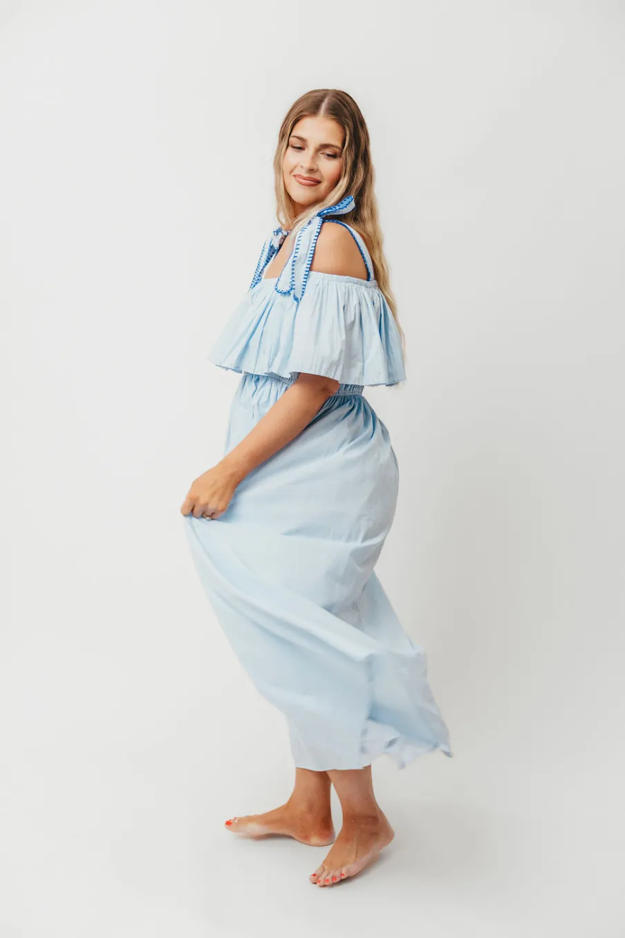 Outlet Worth Collective Aviva 100% Cotton Pleated Off-Shoulder Midi Dress in Light Blue