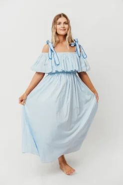 Outlet Worth Collective Aviva 100% Cotton Pleated Off-Shoulder Midi Dress in Light Blue