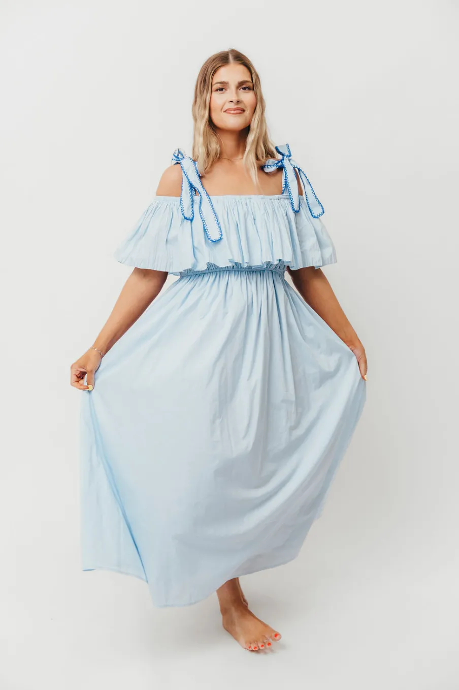 Outlet Worth Collective Aviva 100% Cotton Pleated Off-Shoulder Midi Dress in Light Blue