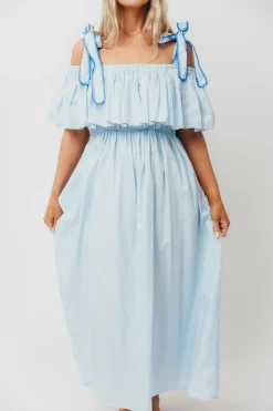 Outlet Worth Collective Aviva 100% Cotton Pleated Off-Shoulder Midi Dress in Light Blue