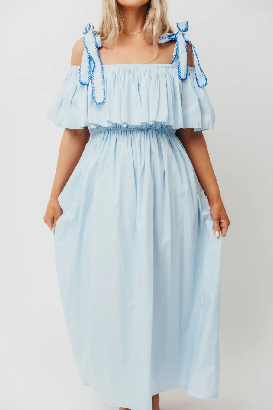Outlet Worth Collective Aviva 100% Cotton Pleated Off-Shoulder Midi Dress in Light Blue