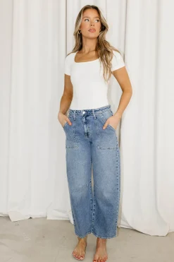 New Worth Collective Ayla Utility Barrel Jean in Medium Wash Denim