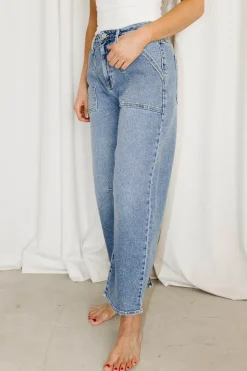 New Worth Collective Ayla Utility Barrel Jean in Medium Wash Denim
