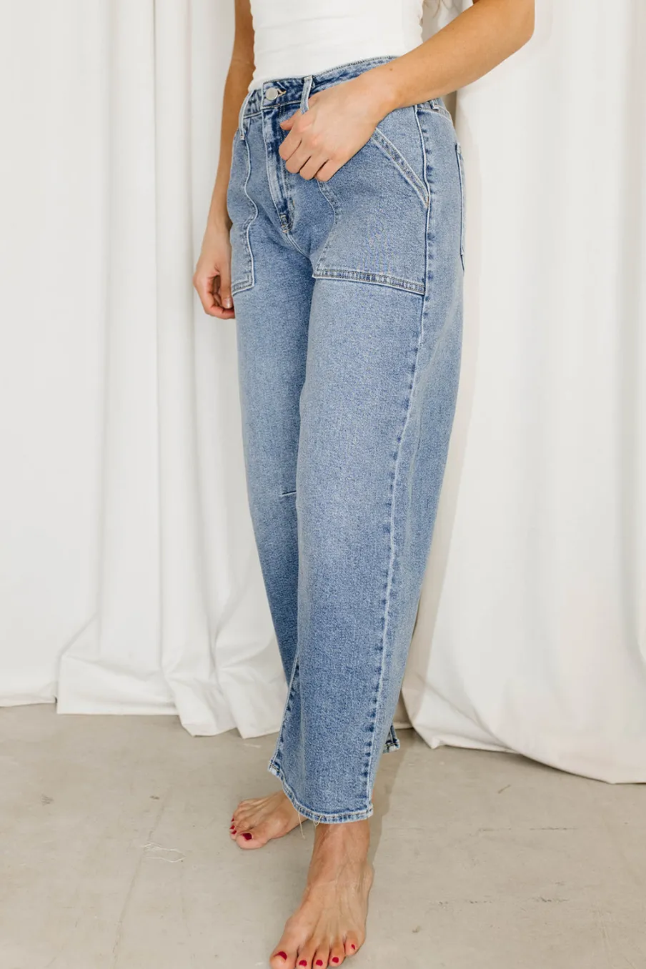 New Worth Collective Ayla Utility Barrel Jean in Medium Wash Denim